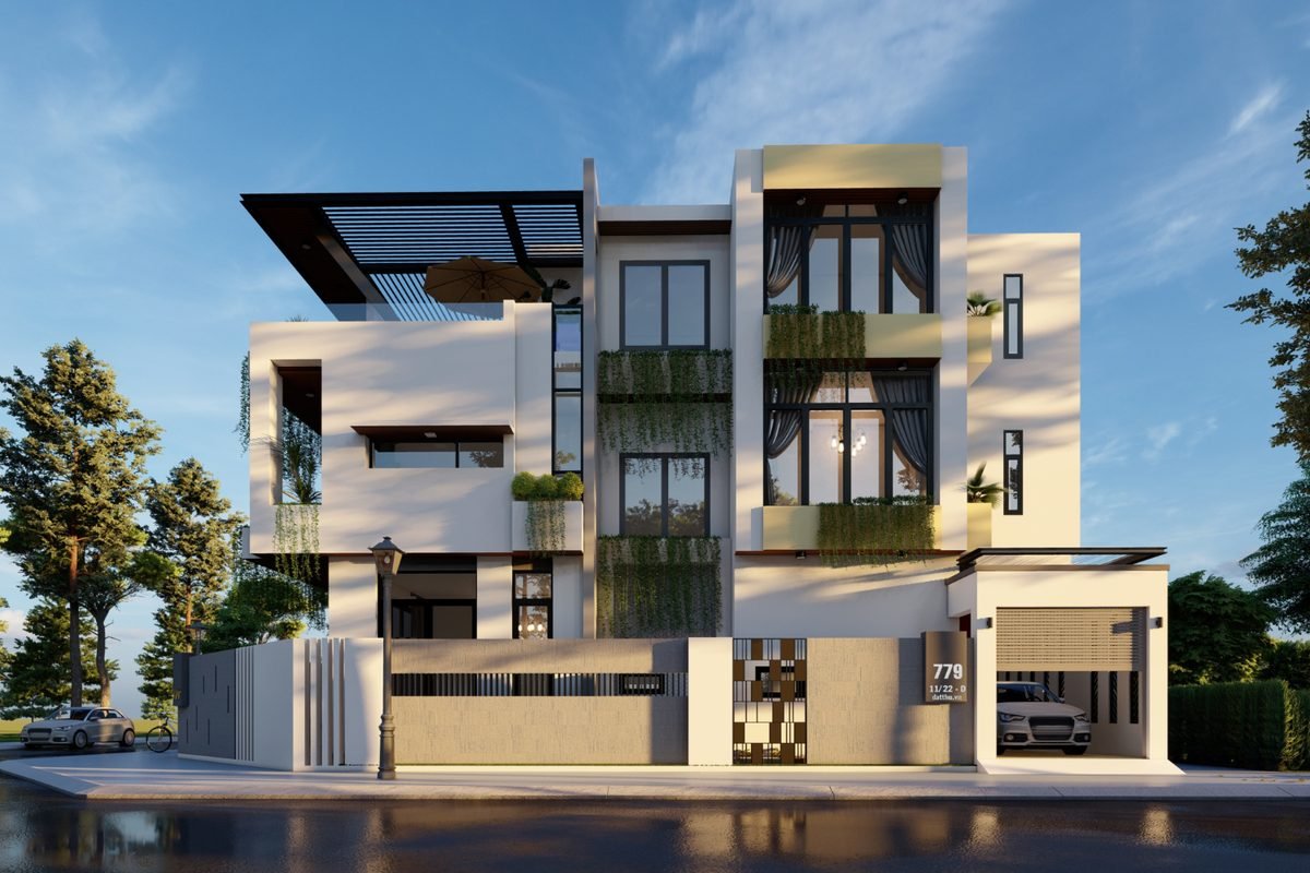 Modern luxury Dubai villa exterior with pool and landscaped garden